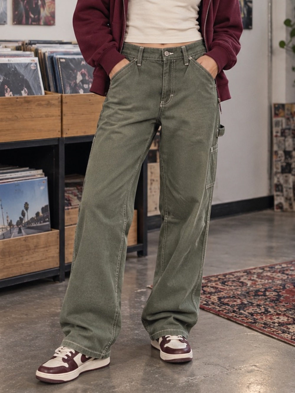 Dickies Girl Olive Carpenter Utility Pants Contrast Stitch Women Size 5/27 Skate